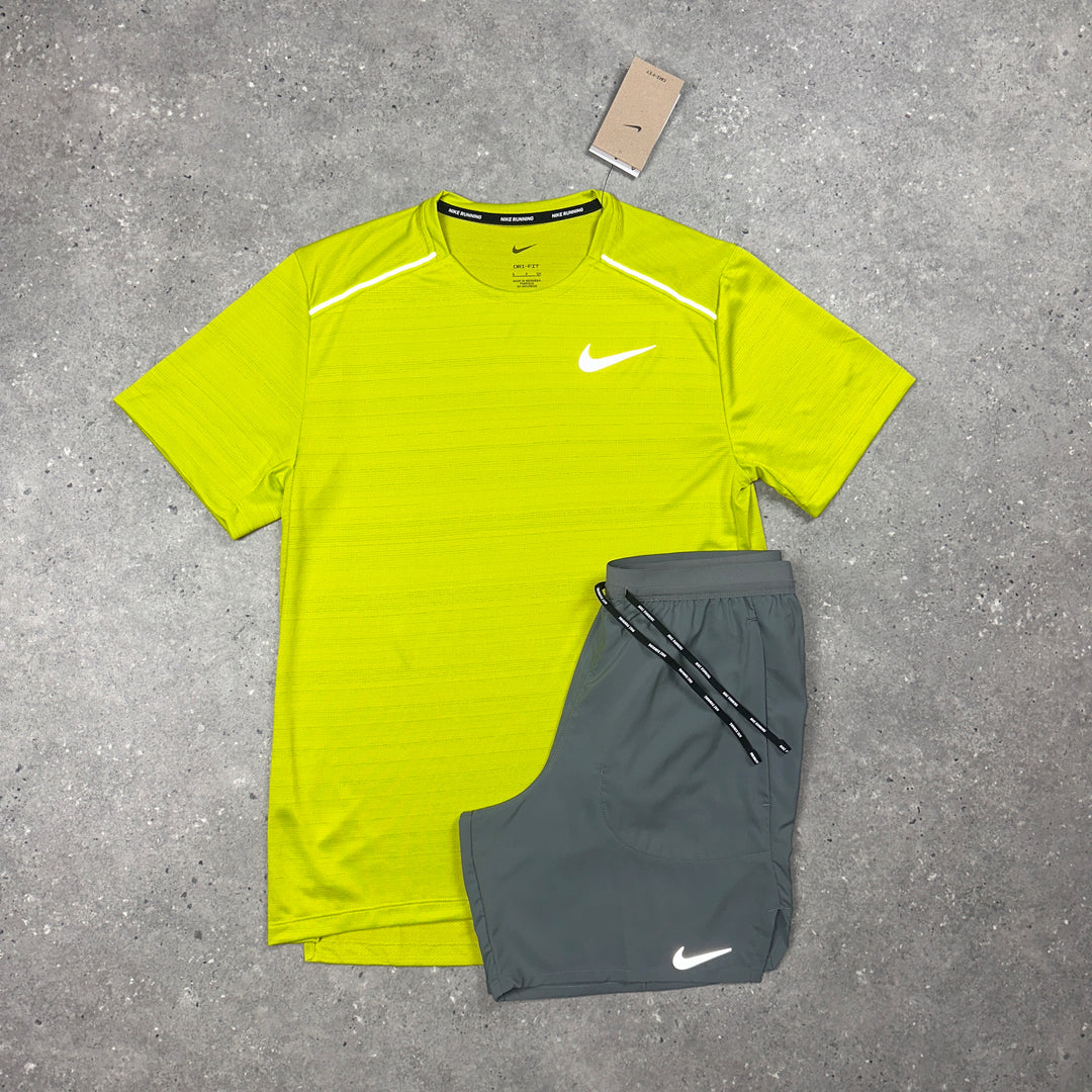 Nike Miler T-Shirt Lime & Nike Flex 7" Shorts Grey Set