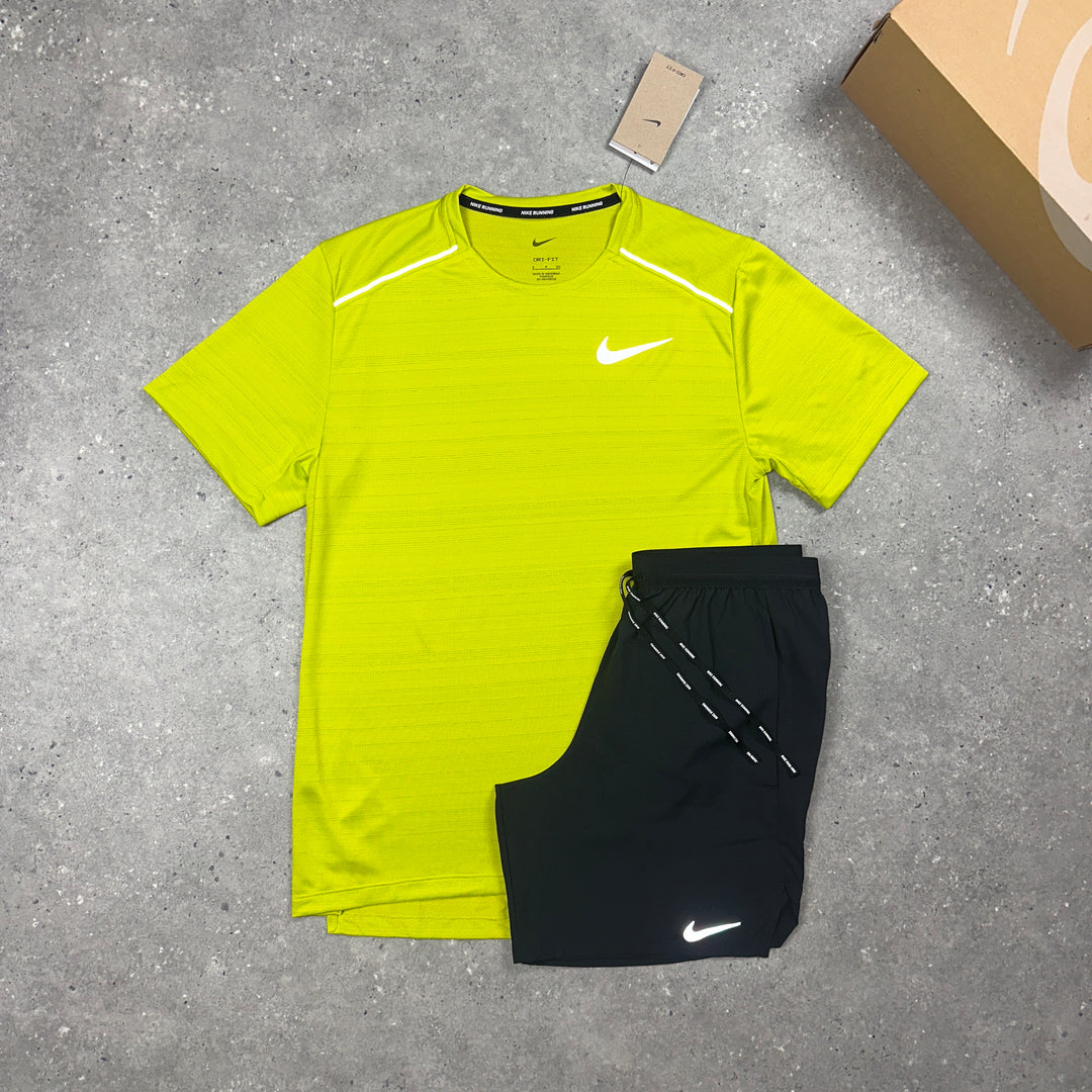 Nike Miler T-Shirt Lime & Nike Flex 7" Shorts Black Set