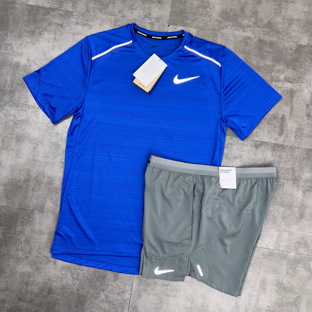 nike miler t-shirt royal blue and grey flex short set