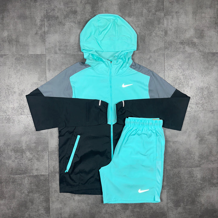 Nike UV Windrunner Jacket Turquoise Black & Nike 7” Challenger Shorts Turquoise Set