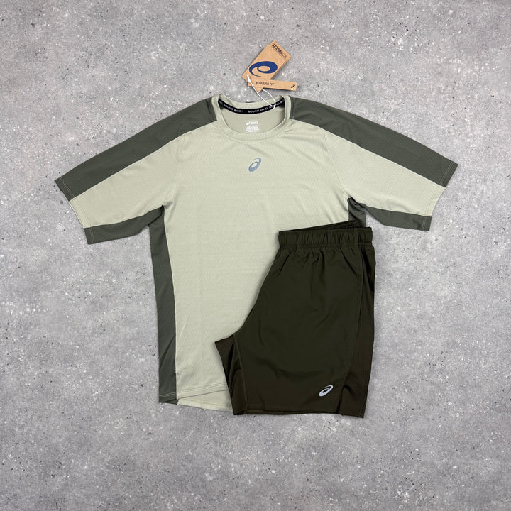 ASICS FUJITRAIL T-SHIRT & SHORT SET - MANTLE GREEN / BROWN STONE