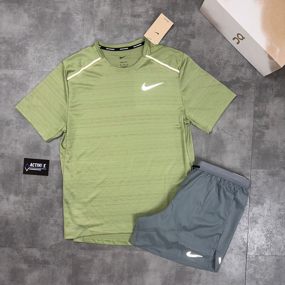 nike khaki miler t-shirt and grey flex stride short set 