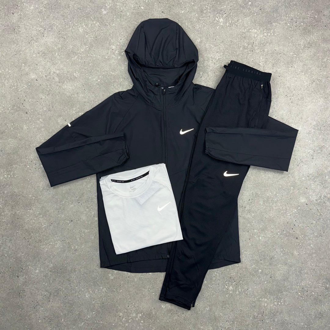 NIKE REPEL WINDRUNNER, T-SHIRT & STRIDE BOTTOMS 3 PIECE SET - BLACK/WHITE