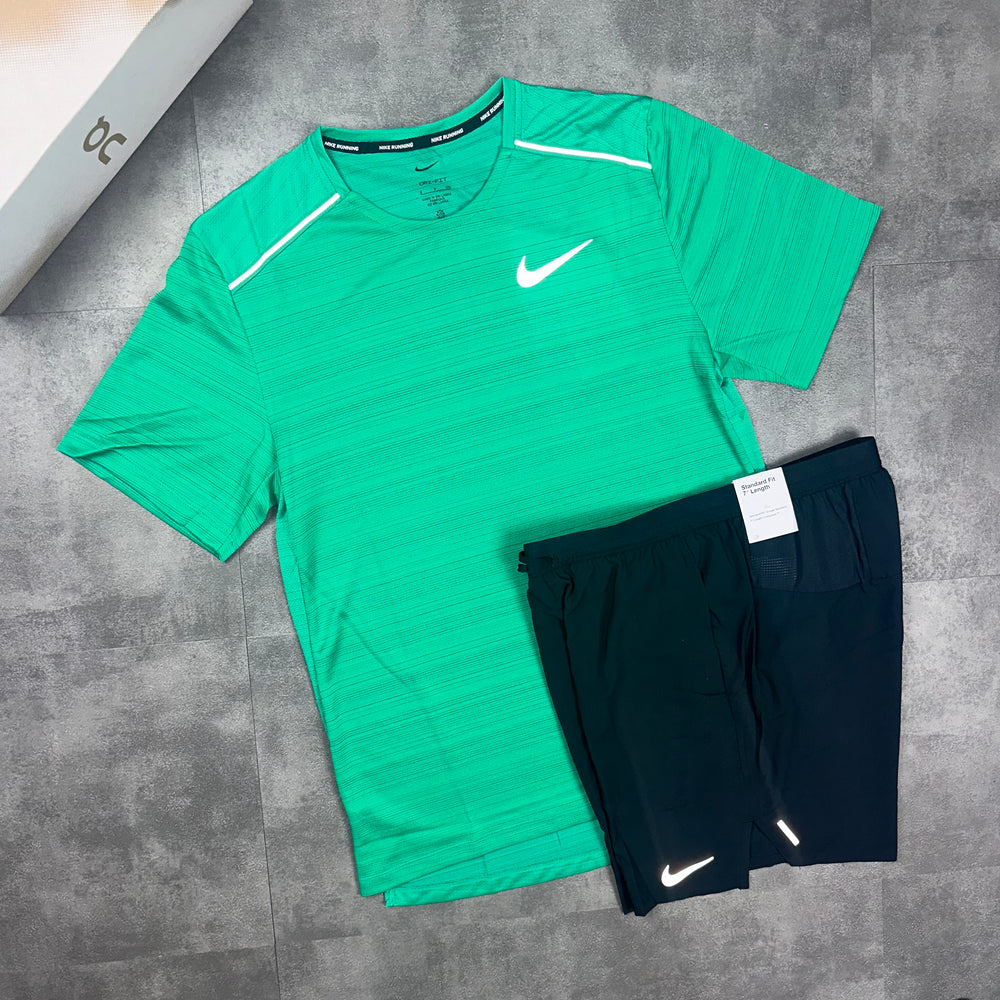 Nike Miler T-Shirt Emerald Green & Nike 7” Black Flex shorts Set - side pic 