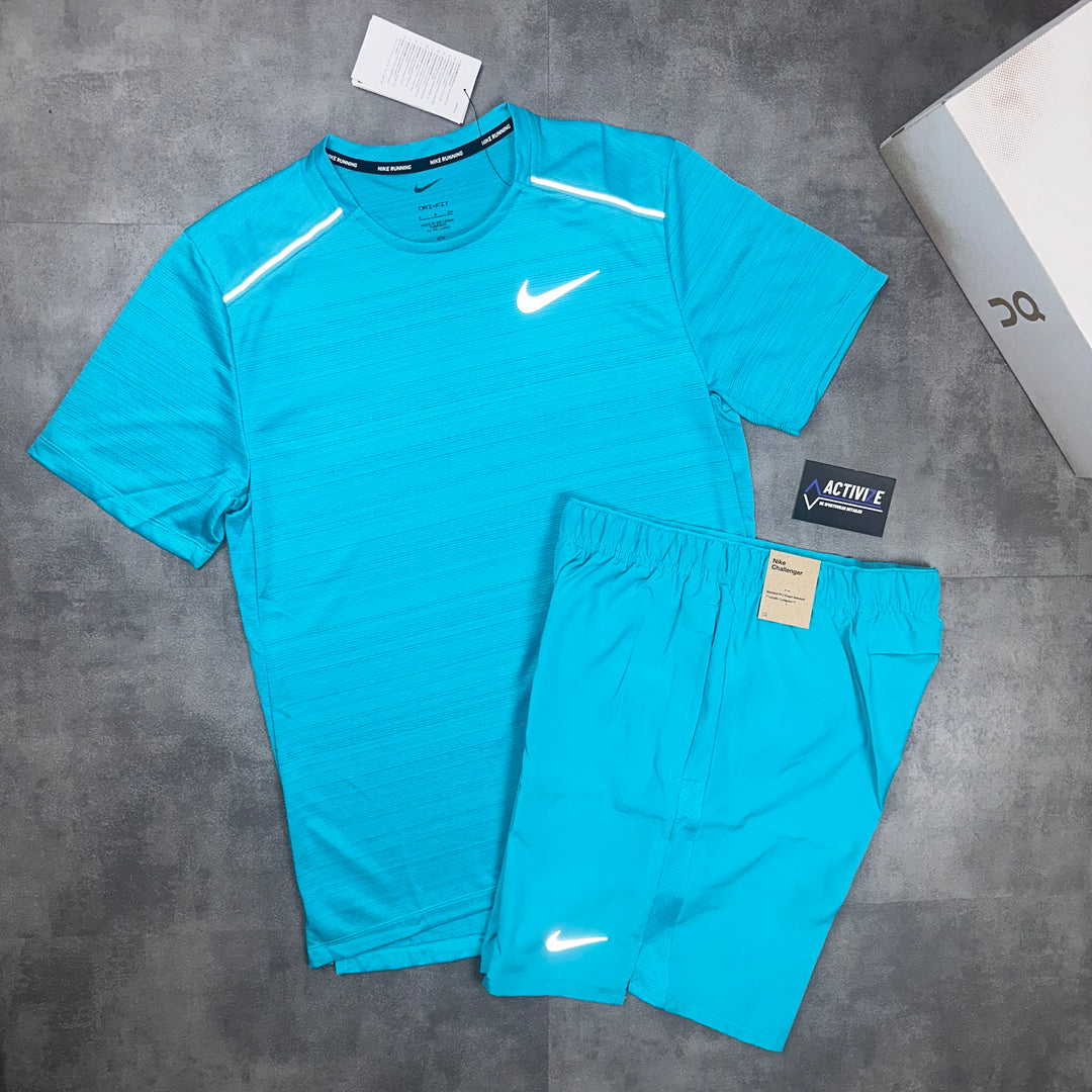 Mens Nike Dri-Fit Miler T-Shirt & Short Set Aqua Blue 