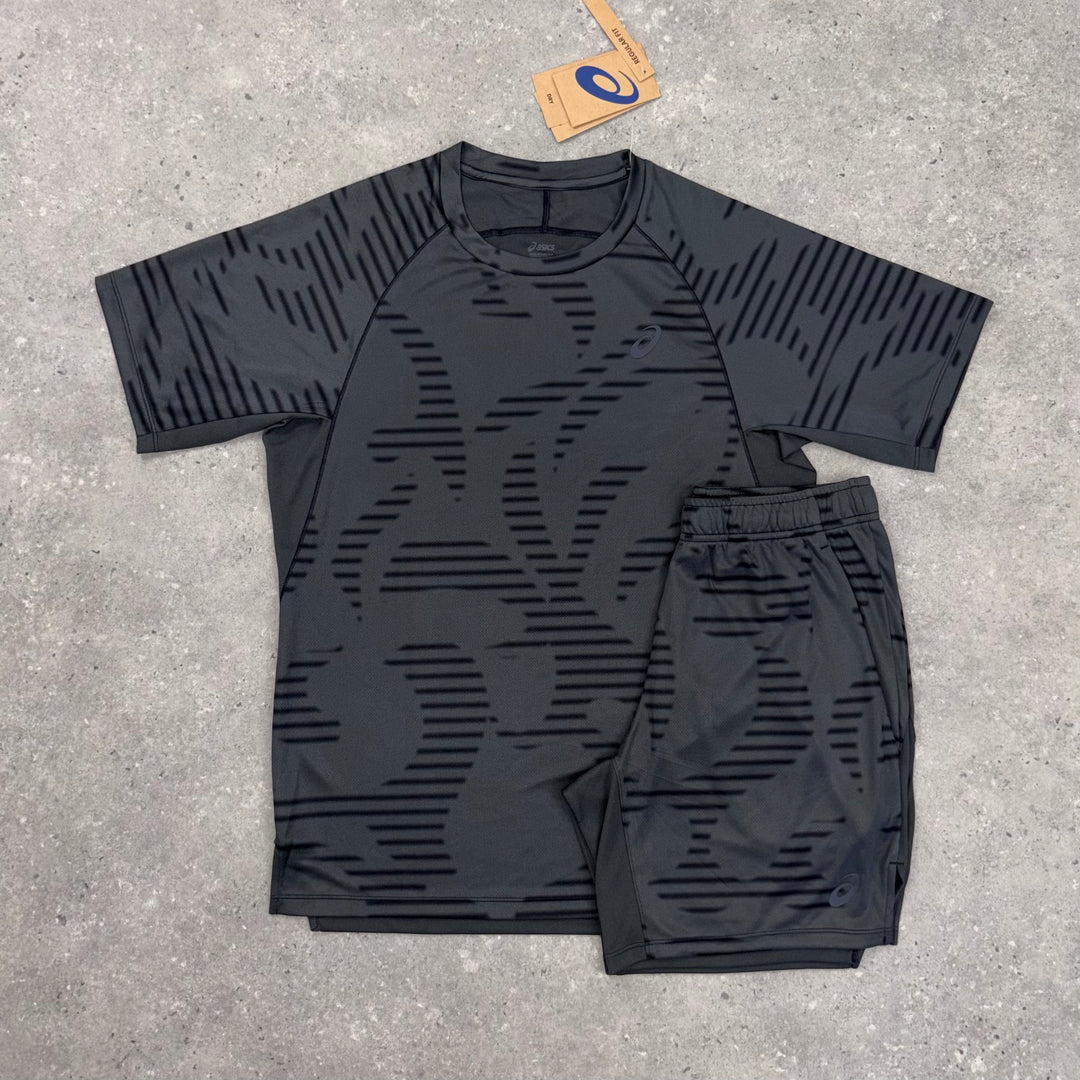 ASICS ALL OVER T-SHIRT & SHORT SET - GRAPHITE BLACK