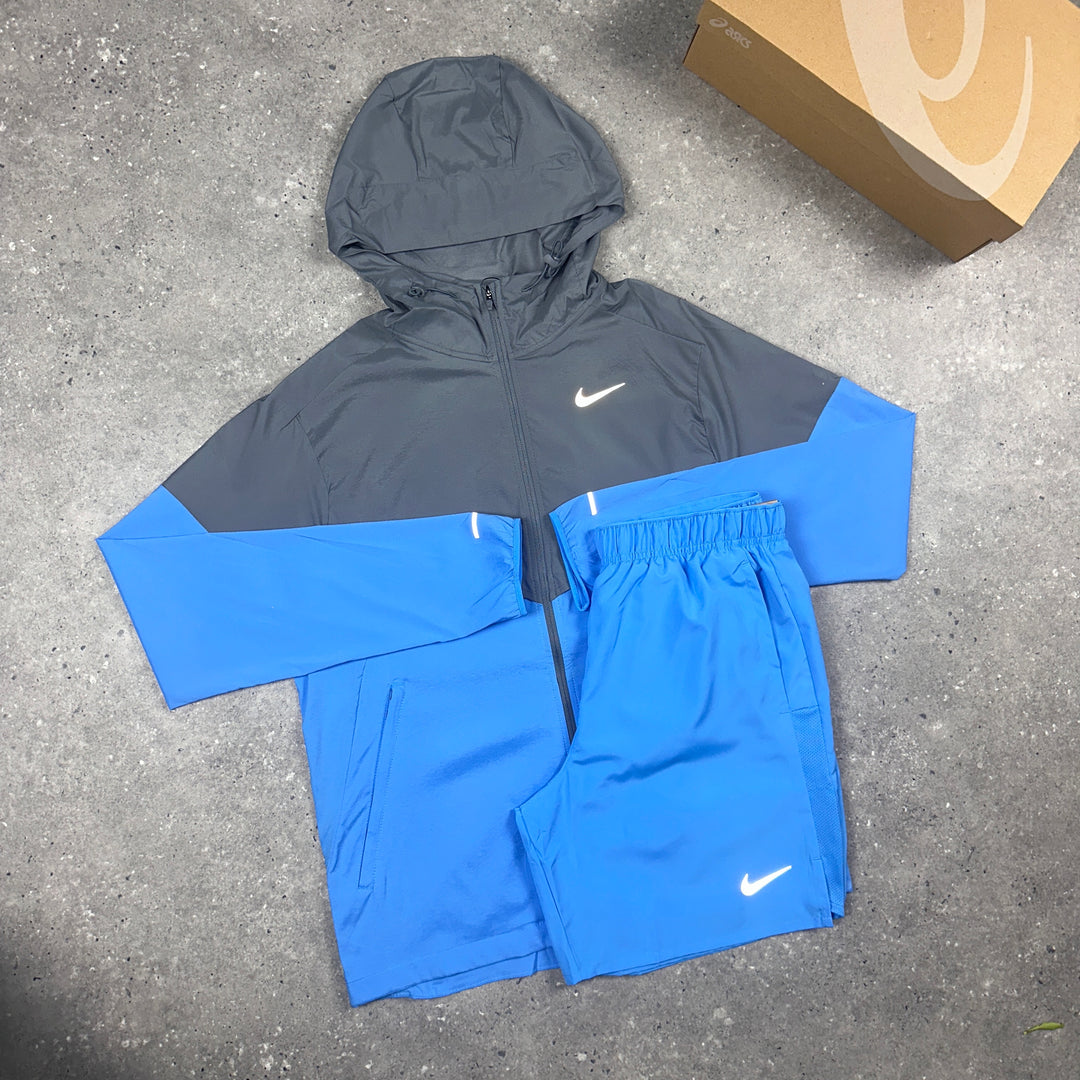 Nike UV Windrunner Jacket Grey/Sly Blue & Nike 7” Challenger Shorts Sky Blue Set