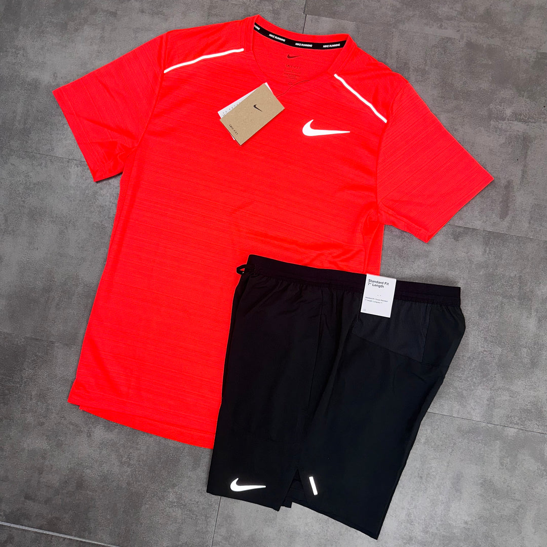 nike crimson red miler t-shirt and flex stride shorts set