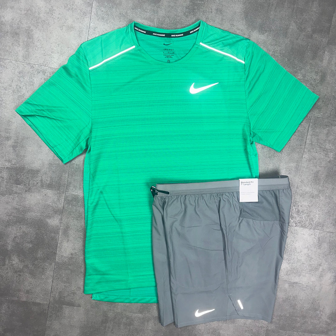 Nike Miler T-Shirt Emerald Green & Nike 7” Grey  Flex shorts Set