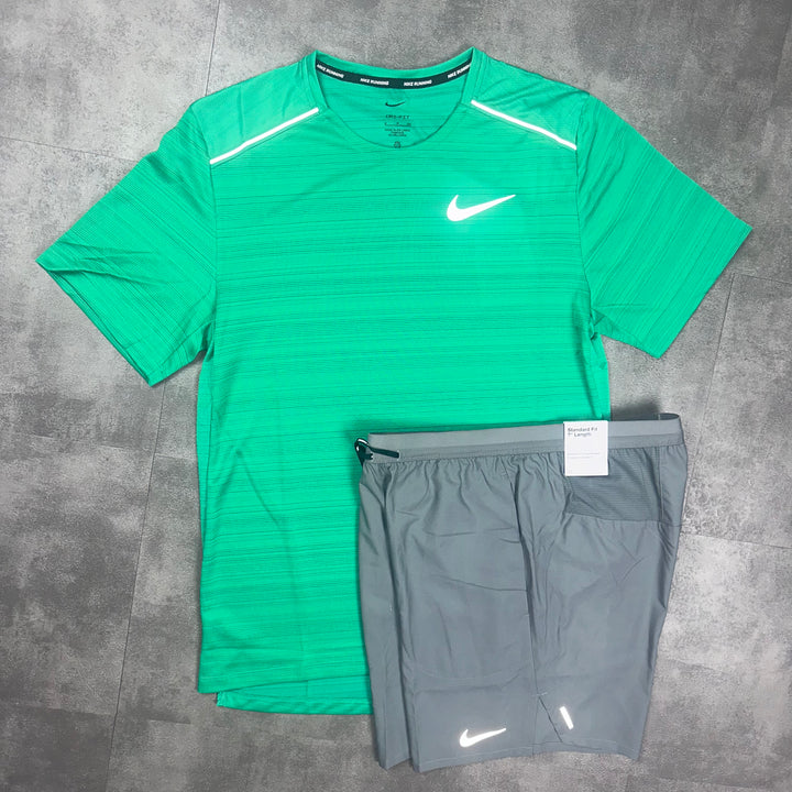 Nike Miler T-Shirt Emerald Green & Nike 7” Grey  Flex shorts Set