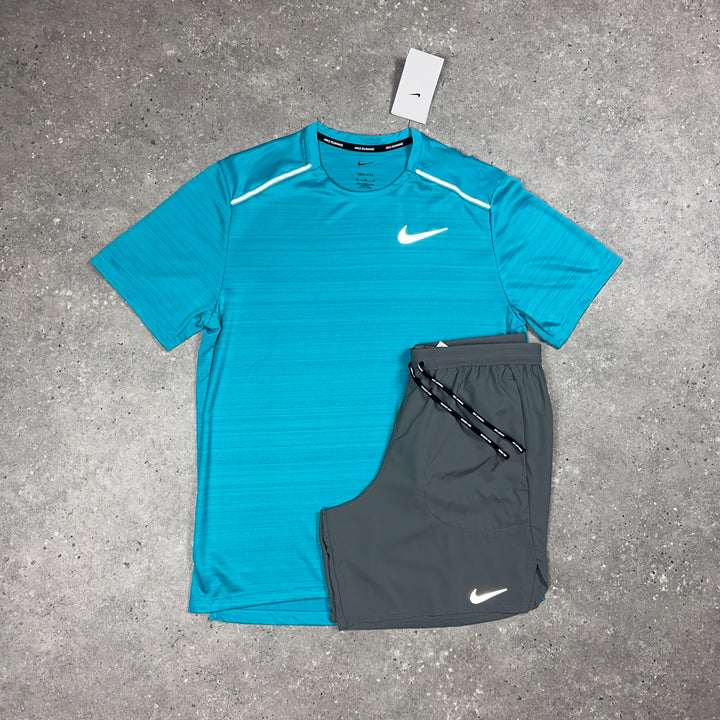 Nike Miler T-Shirt Sky Aqua & Nike 7"Flex Stride Shorts Grey Set