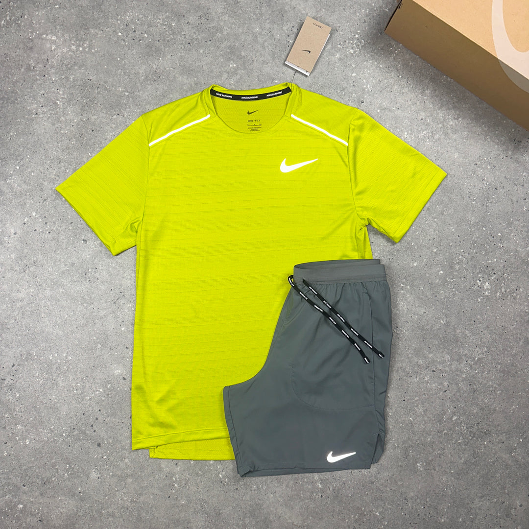 Nike Miler T-Shirt Lime & Nike Flex 7" Shorts Grey Set