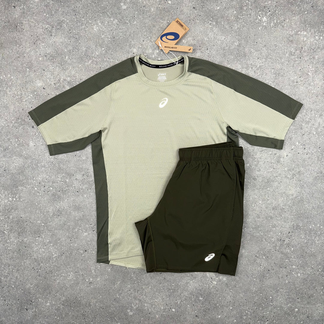 ASICS FUJITRAIL T-SHIRT & SHORT SET - MANTLE GREEN / BROWN STONE