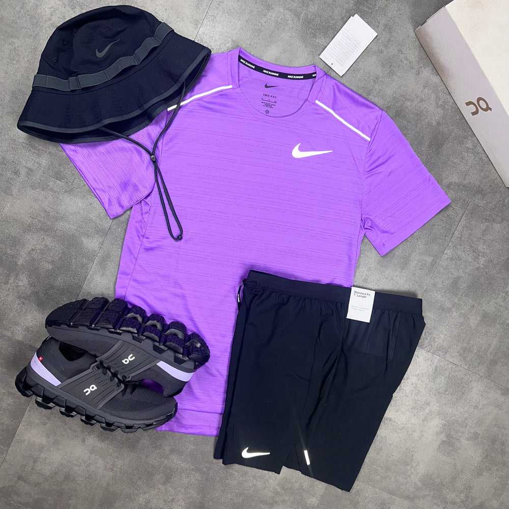 Nike  Dri-fit Miler T-Shirt Violet & Nike Flex Stride black shorts Set wih boonie hat