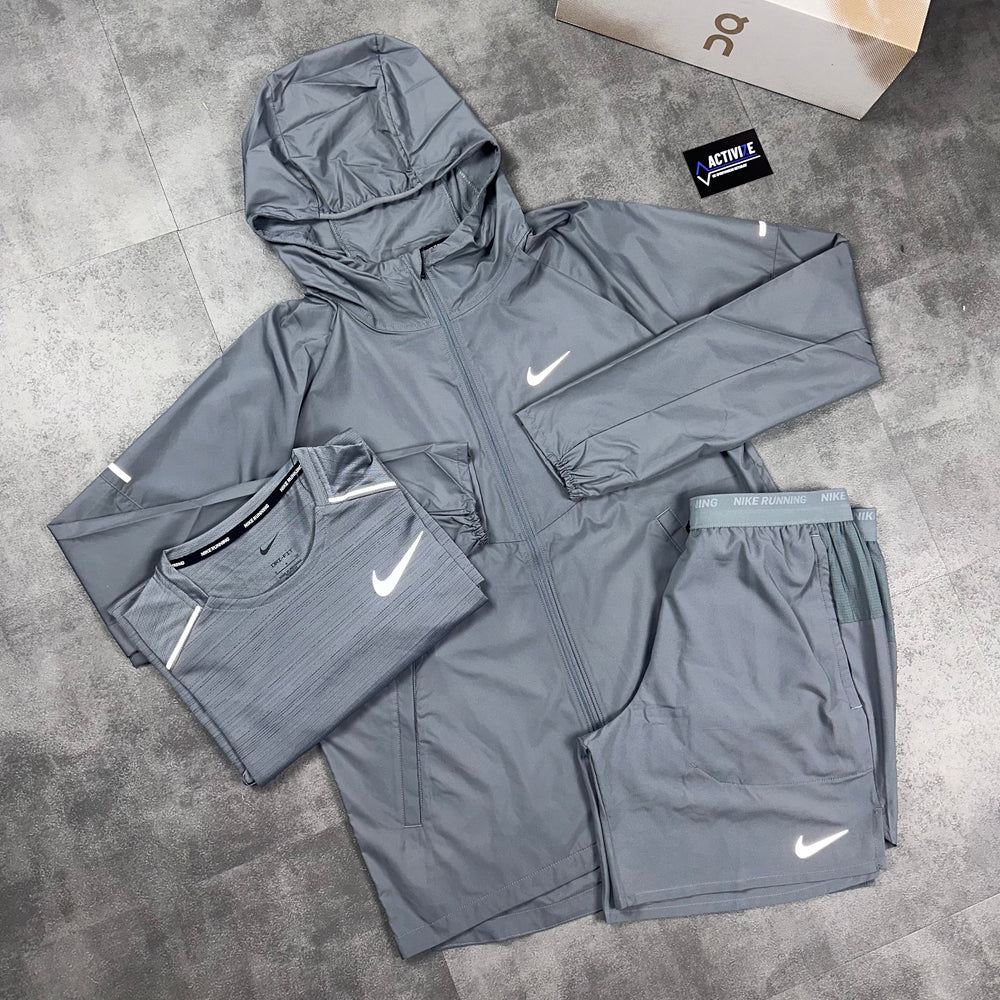 Nike Repel Windbreaker Jacket & Nike Flex Stride 7” Short Set Grey & Miler 1.0 three piece combo 