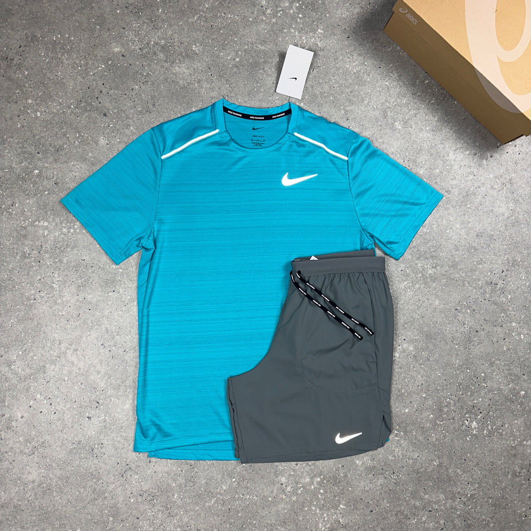 Nike Miler T-Shirt Sky Aqua & Nike 7"Flex Stride Shorts Grey Set