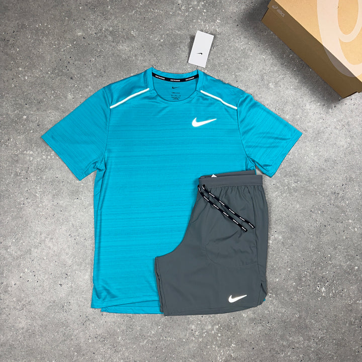 Nike Miler T-Shirt Sky Aqua & Nike 7"Flex Stride Shorts Grey Set