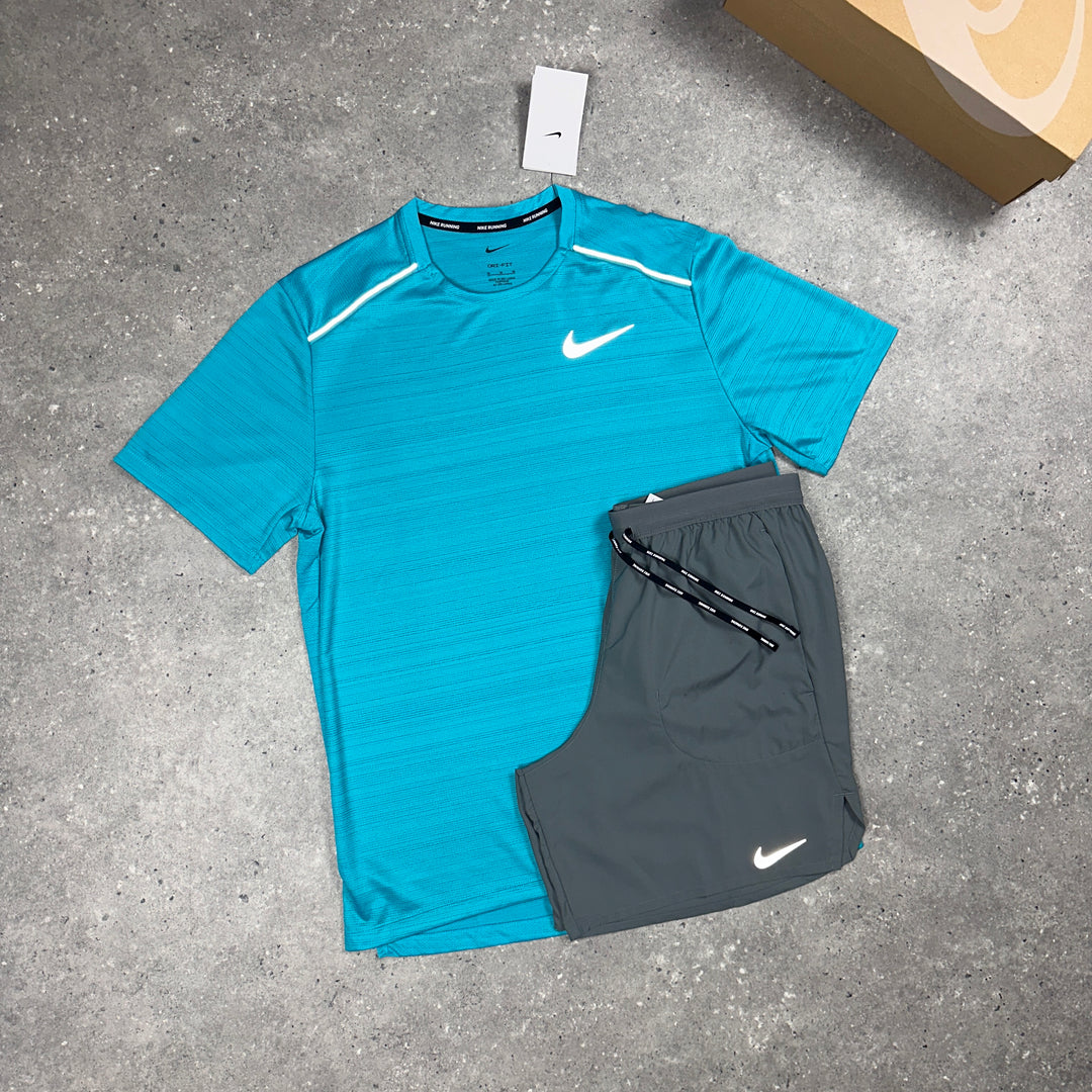 Nike Miler T-Shirt Sky Aqua & Nike 7"Flex Stride Shorts Grey Set