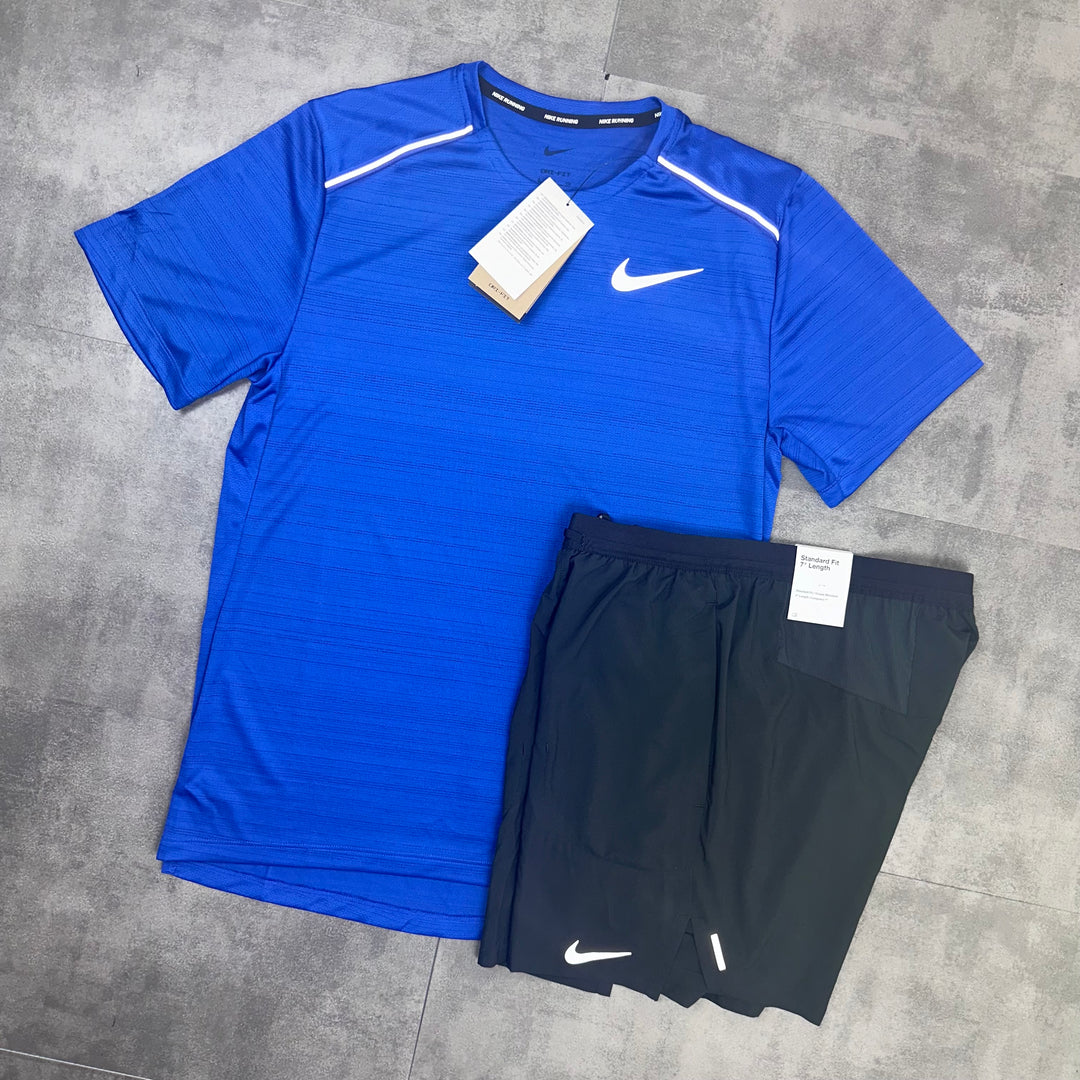 nike miler t-shirt royal blue and black flex stride short set