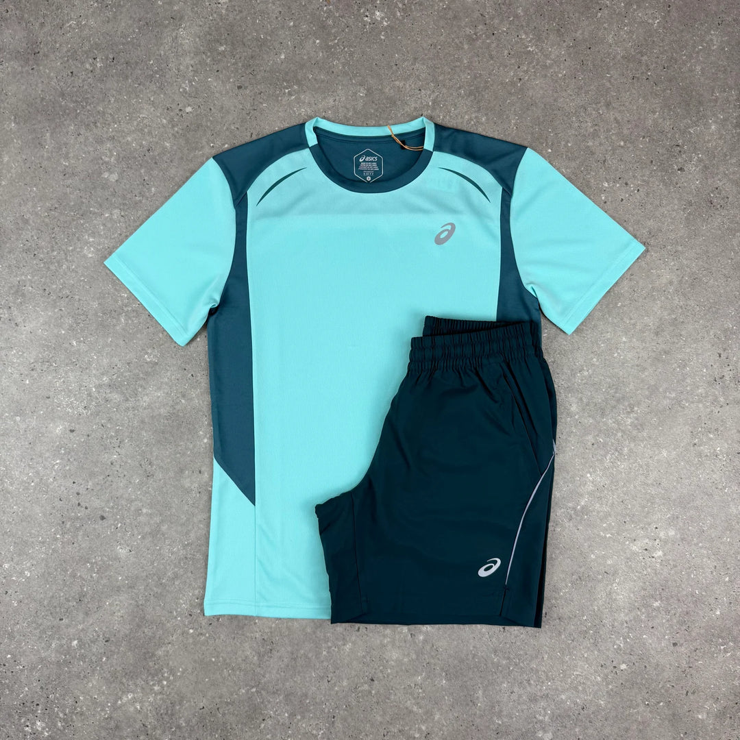 ASICS CURVED SEAM T-SHIRT & RUN SHORT SET - MINT/SAXON GREEN
