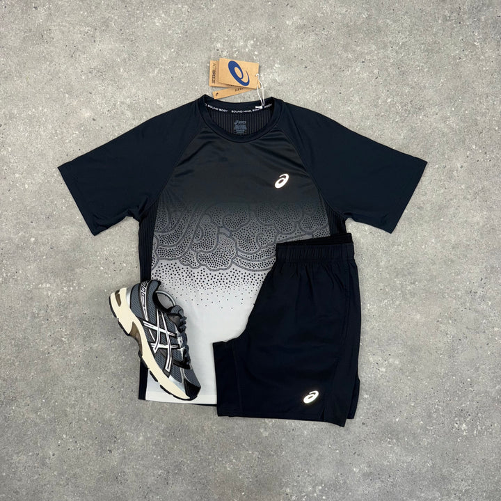 ASICS ROAD FADE T-SHIRT & SHORT SET - BLACK / CREAM