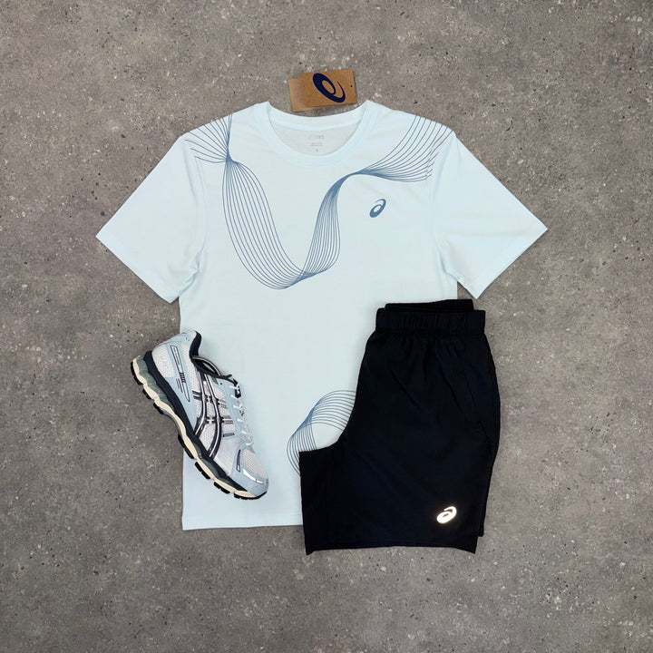 ASICS ASYMMETRIC T-SHIRT & SHORT SET - BABY BLUE / BLACK