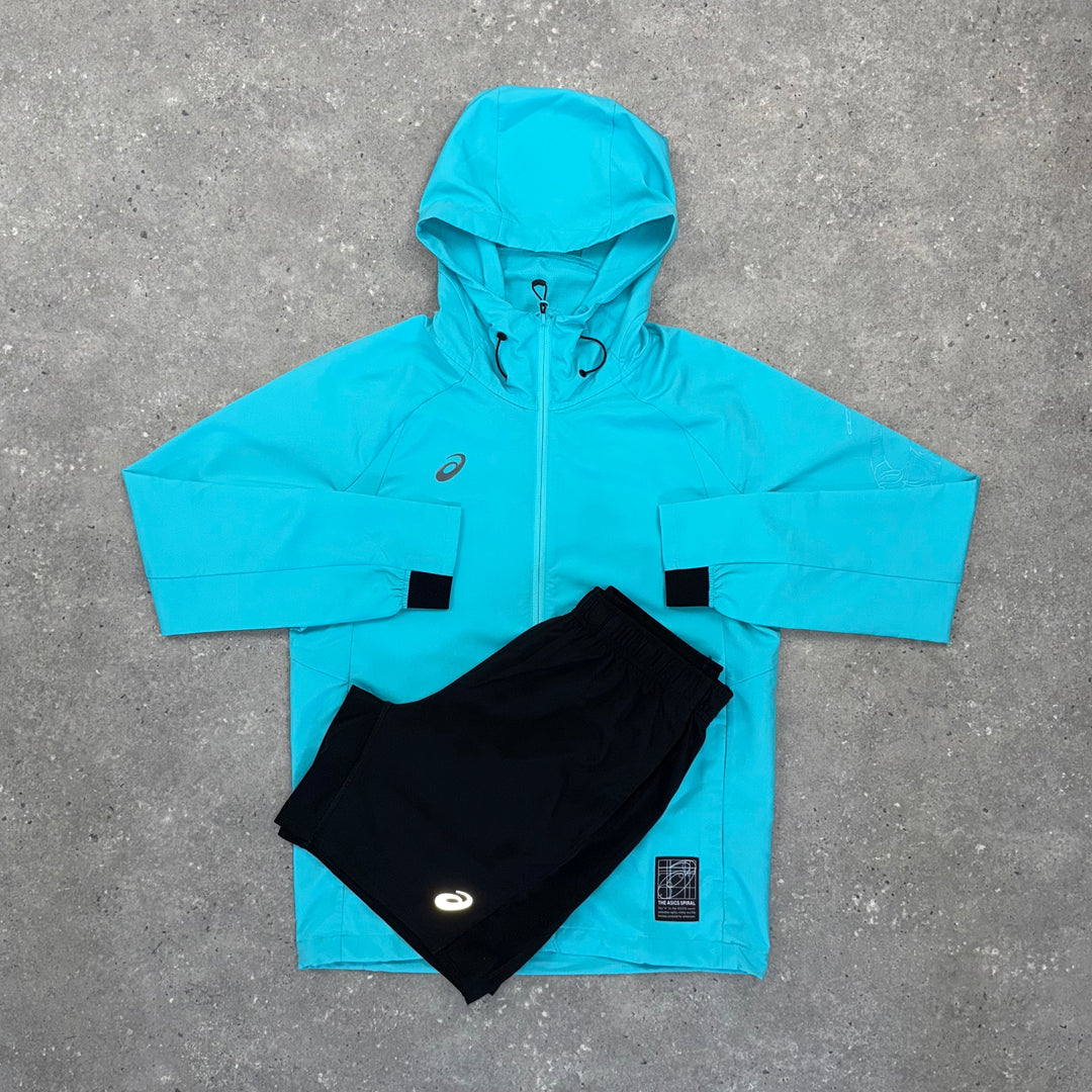ASICS SPIRAL WINDRUNNER & SHORT SET - AQUA / BLACK
