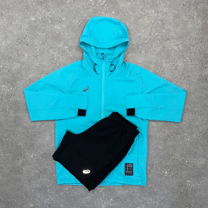 ASICS SPIRAL WINDRUNNER & SHORT SET - AQUA / BLACK