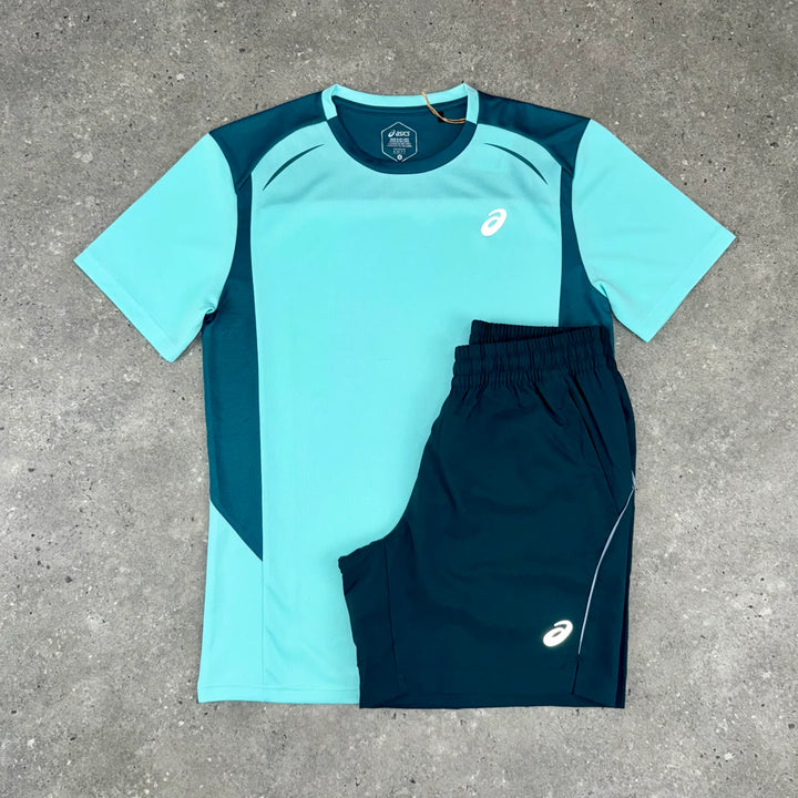 ASICS CURVED SEAM T-SHIRT & RUN SHORT SET - MINT/SAXON GREEN