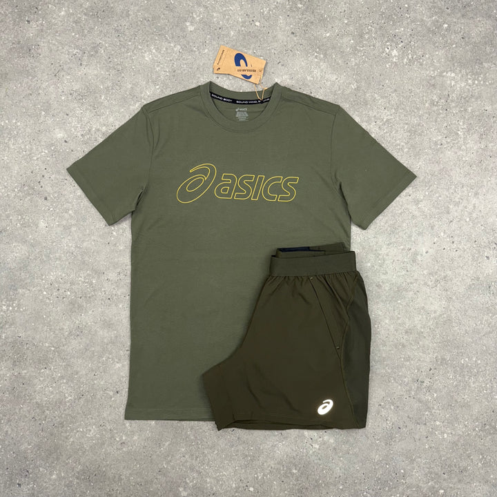 ASICS LOGO T-SHIRT & ROAD SHORT SET - MANTLE GREEN / BROWN STONE