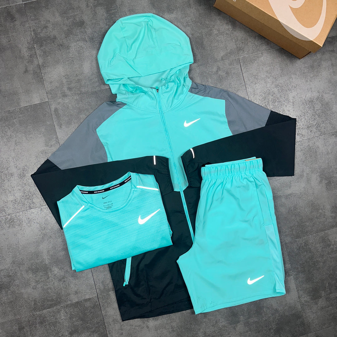 Nike UV Windrunner Jacket Turquoise Black & Nike 7” Challenger Shorts Turquoise Set