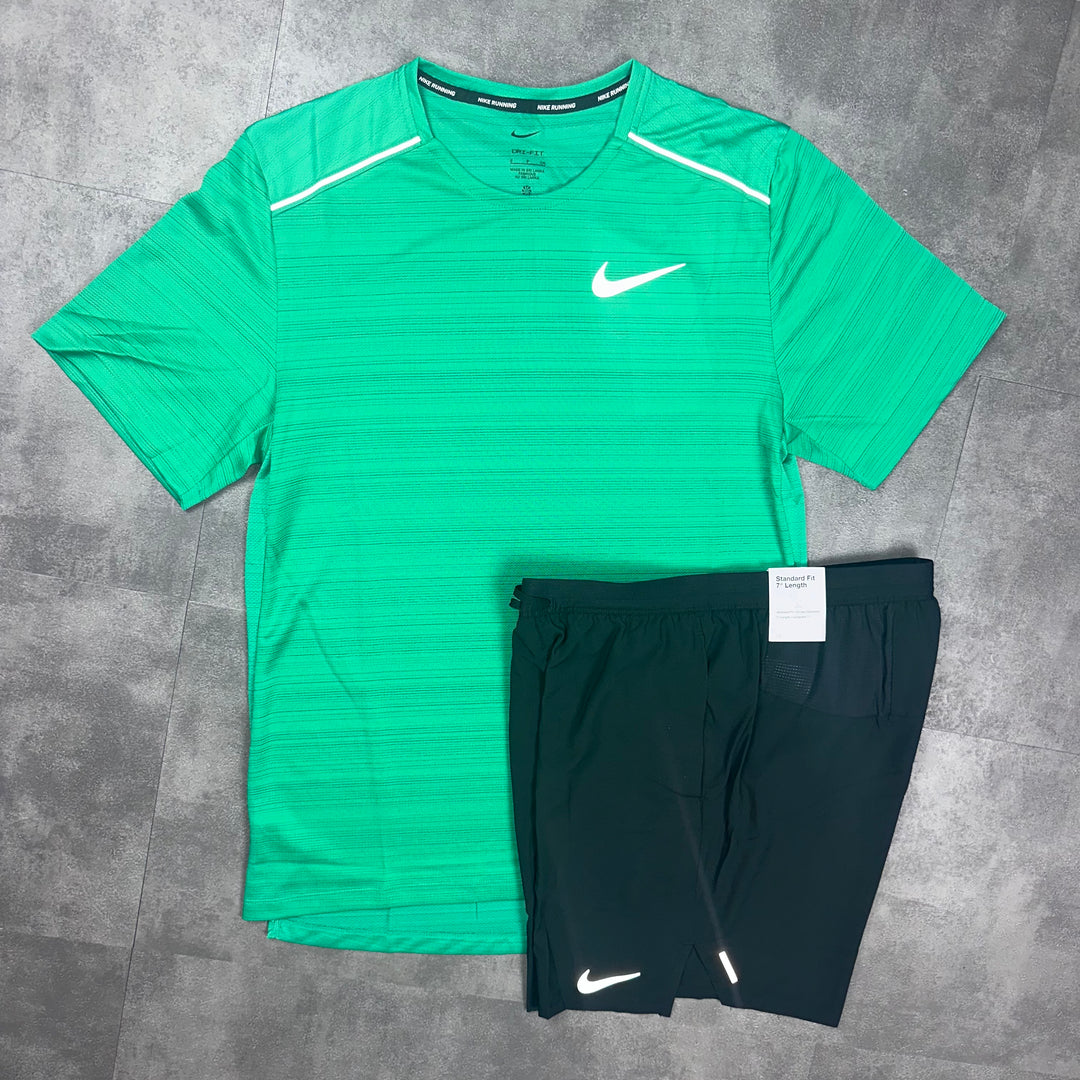 Nike Miler T-Shirt Emerald Green & Nike 7” Black Flex shorts Set