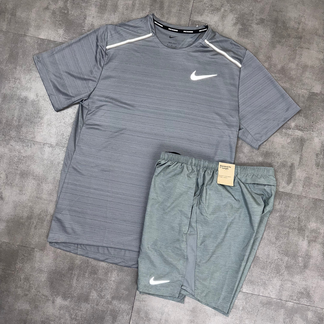 nike miler smoke grey t-shirt and challenger short set