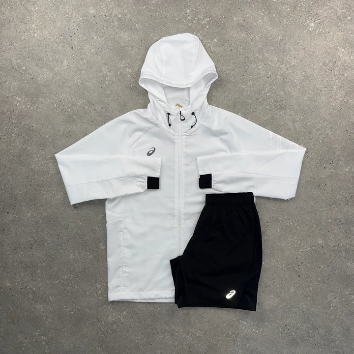 ASICS SPIRAL WINDRUNNER JACKET & SHORT SET - WHITE / BLACK