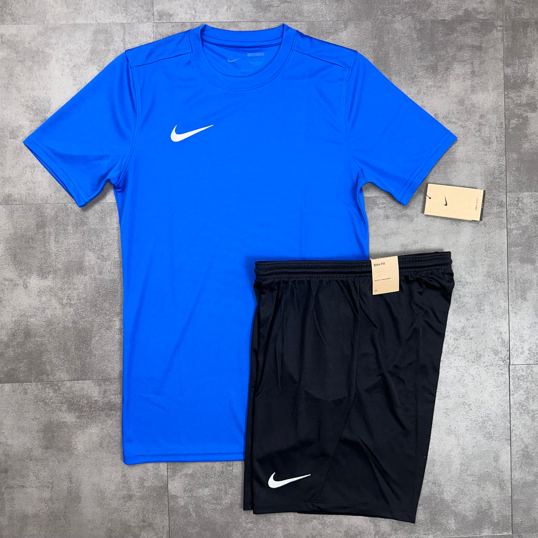 nike dri-fit blue t-shirt and black short set 