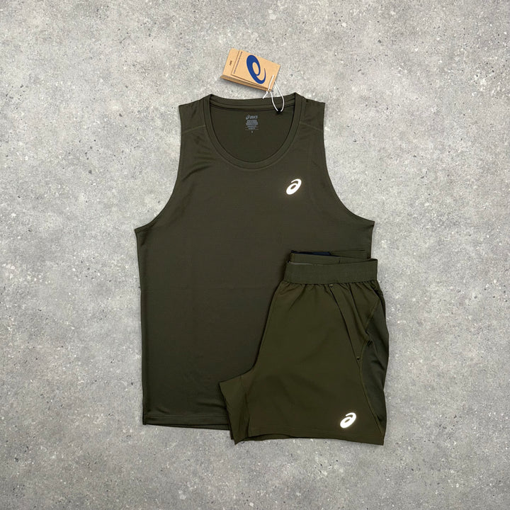 ASICS CORE VEST & ROAD SHORT SET - BROWN STONE