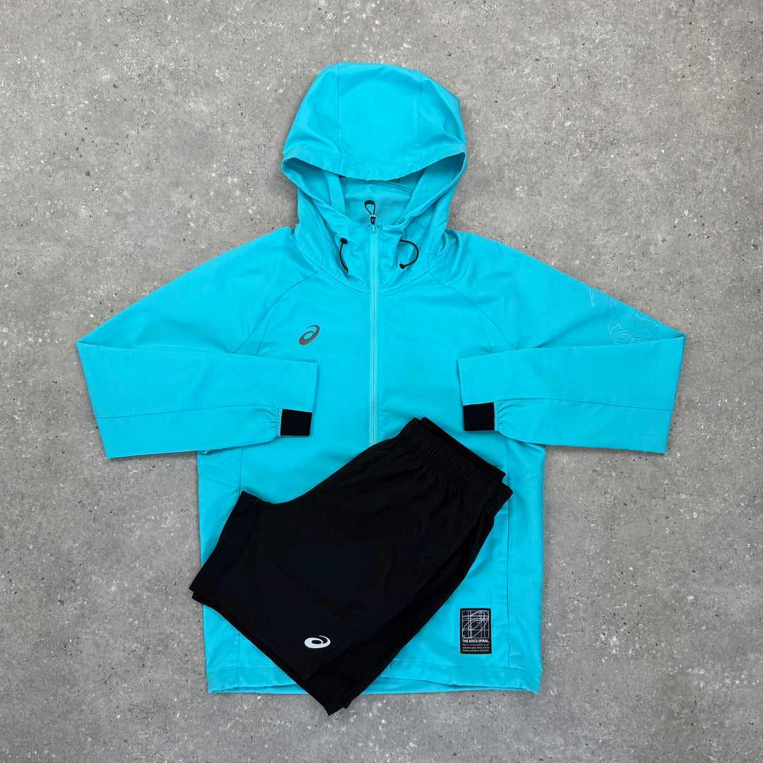 ASICS SPIRAL WINDRUNNER & SHORT SET - AQUA / BLACK