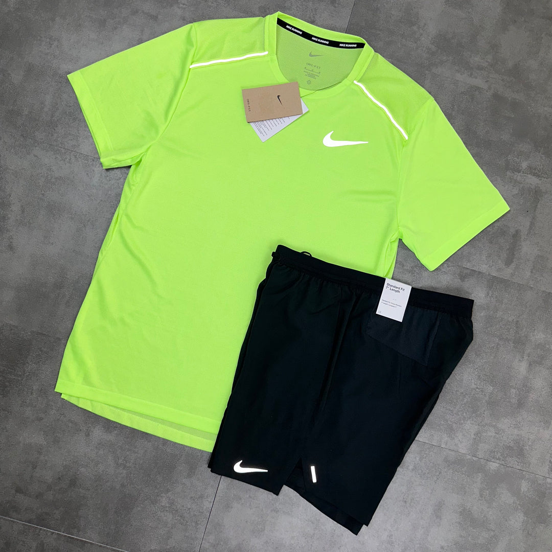 nike ghost green miler t-shirt and black flex stride short set