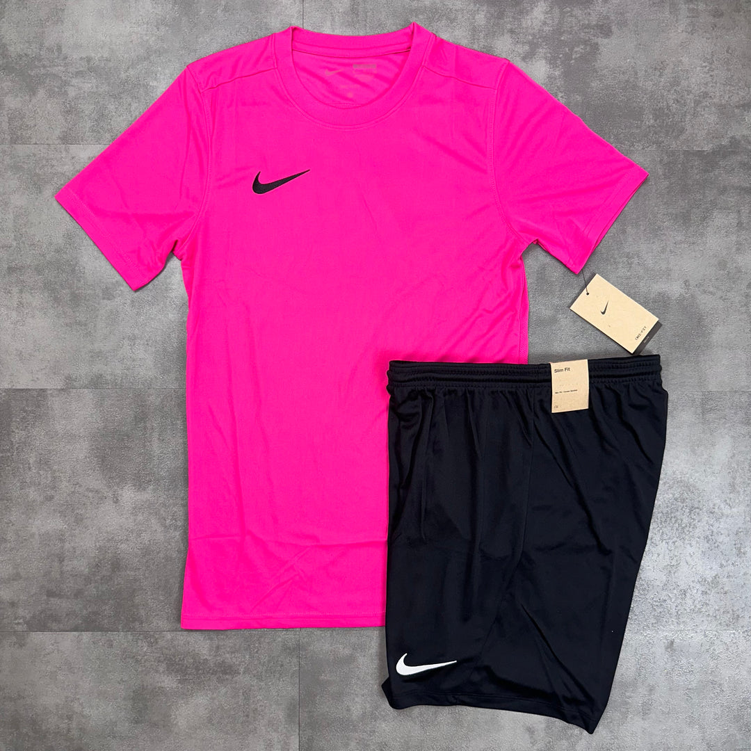 nike hot pink t-shirt and black short set