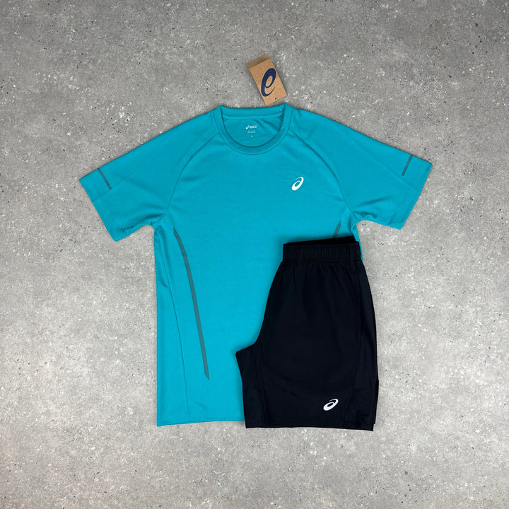 ASICS RAGLAN T-SHIRT & SHORT SET - LAGOON BLUE / BLACK