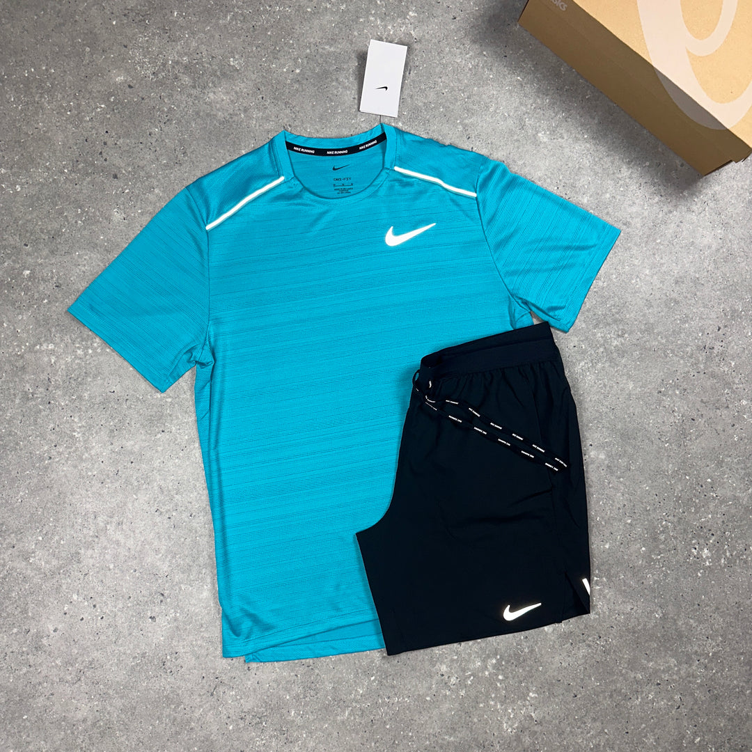 Nike Miler T-Shirt Sky Aqua & Black Nike Flex 7" Shorts Set
