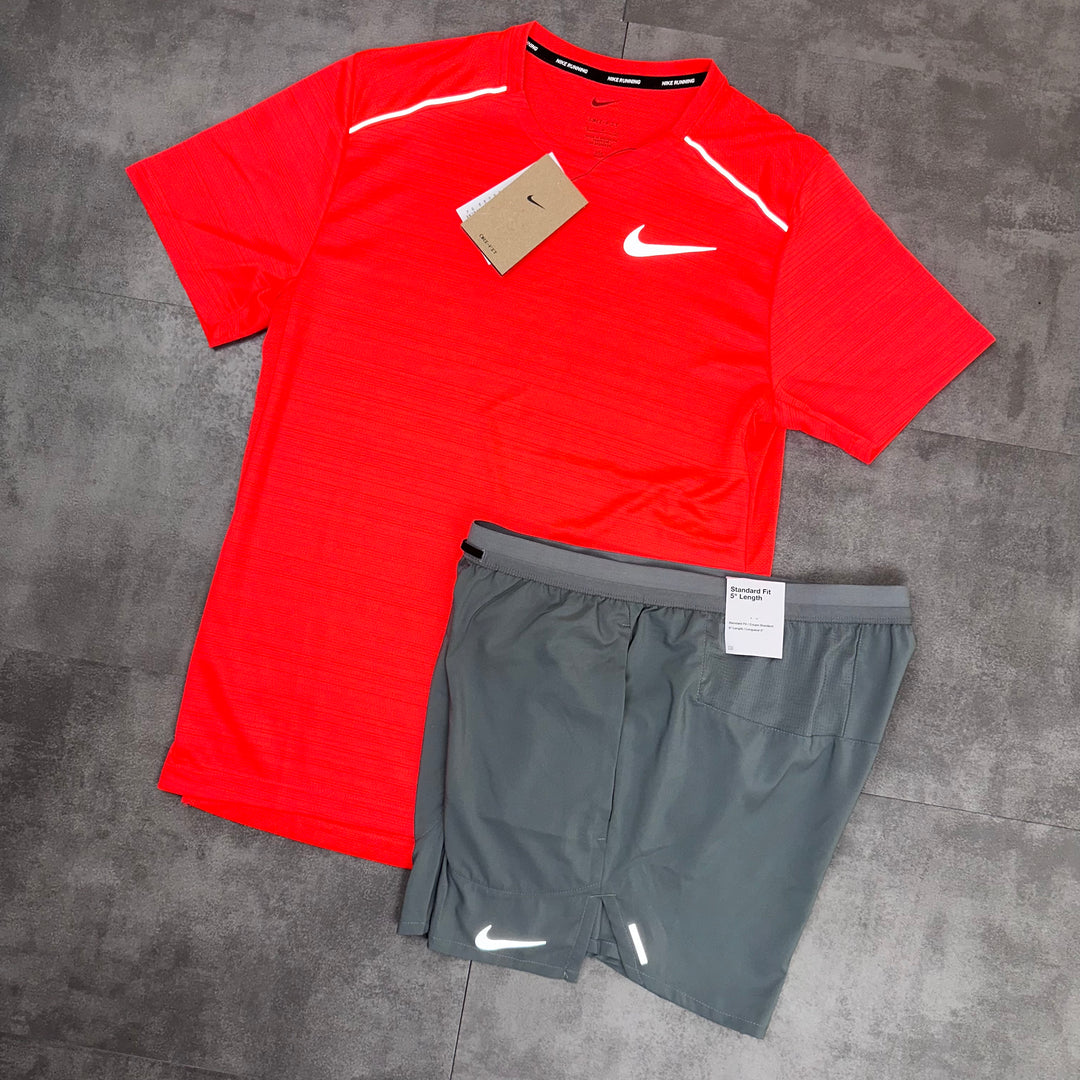 nike crimson red miler t-shirt and grey flex stride short set