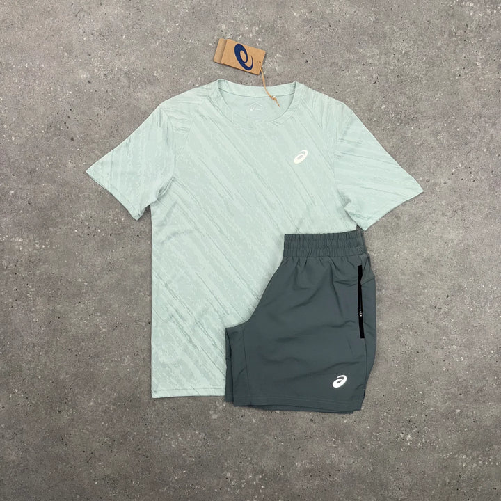 ASICS FOWARD T-SHIRT & PANEL SHORTS SET - MOSS / GREY