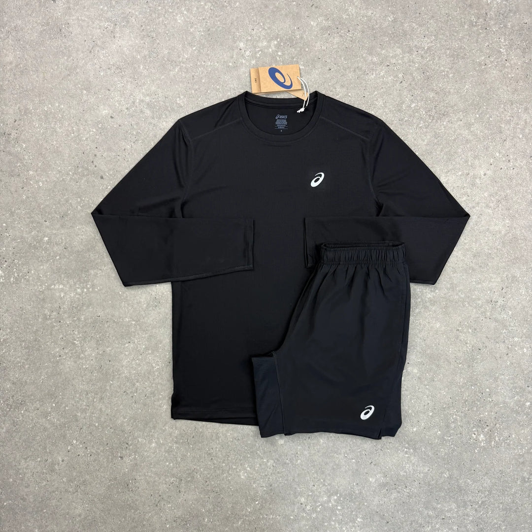 ASICS CORE LONG SLEEVE T-SHIRT & CORE 7” SHORT SET - BLACK
