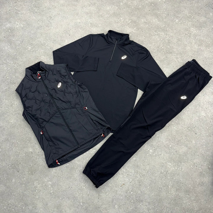 ASICS ROAD WINTER GILET, 1/4 ZIP TOP & CORE WOVEN PANT 3 PIECE SET - BLACK