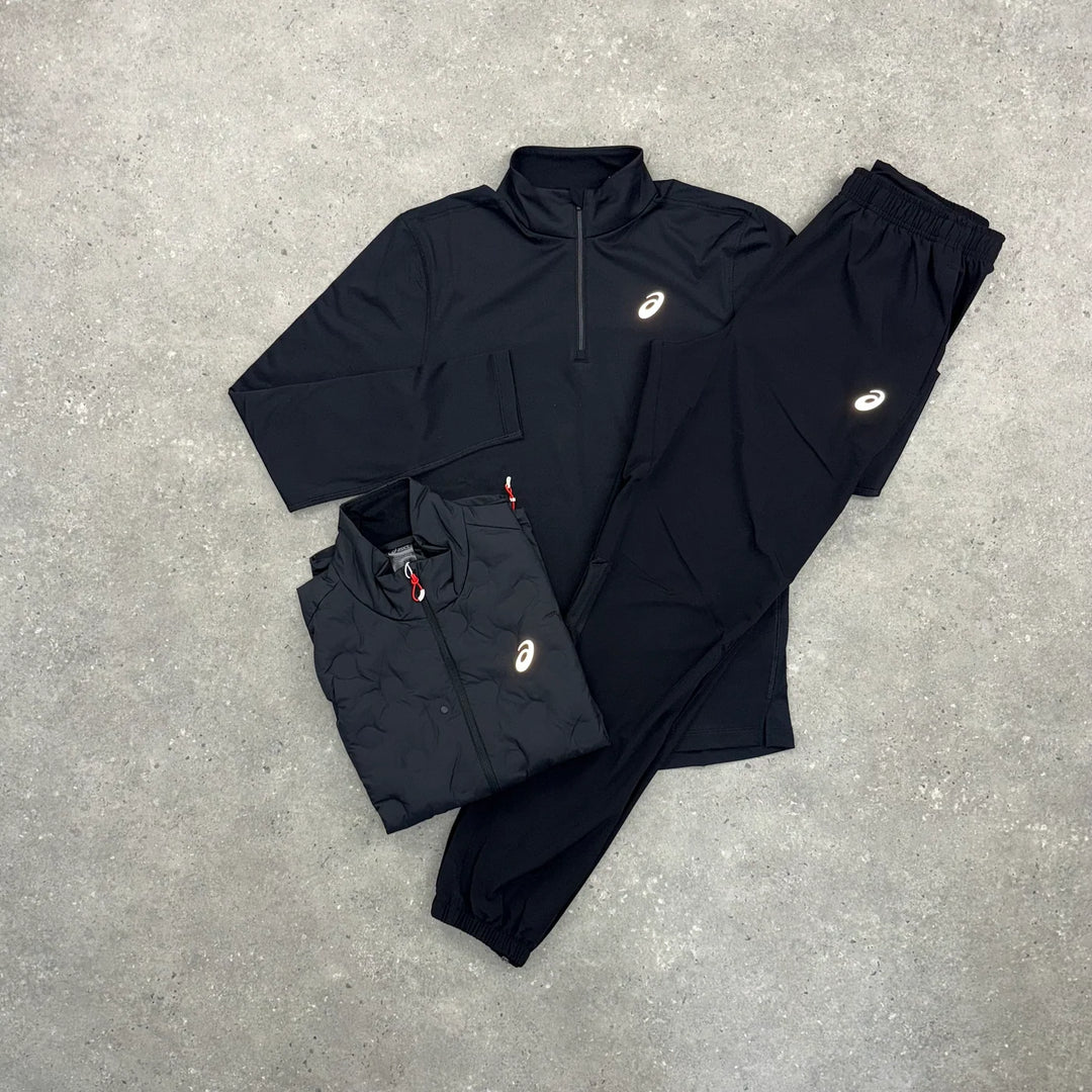 ASICS ROAD WINTER GILET, 1/4 ZIP TOP & CORE WOVEN PANT 3 PIECE SET - BLACK