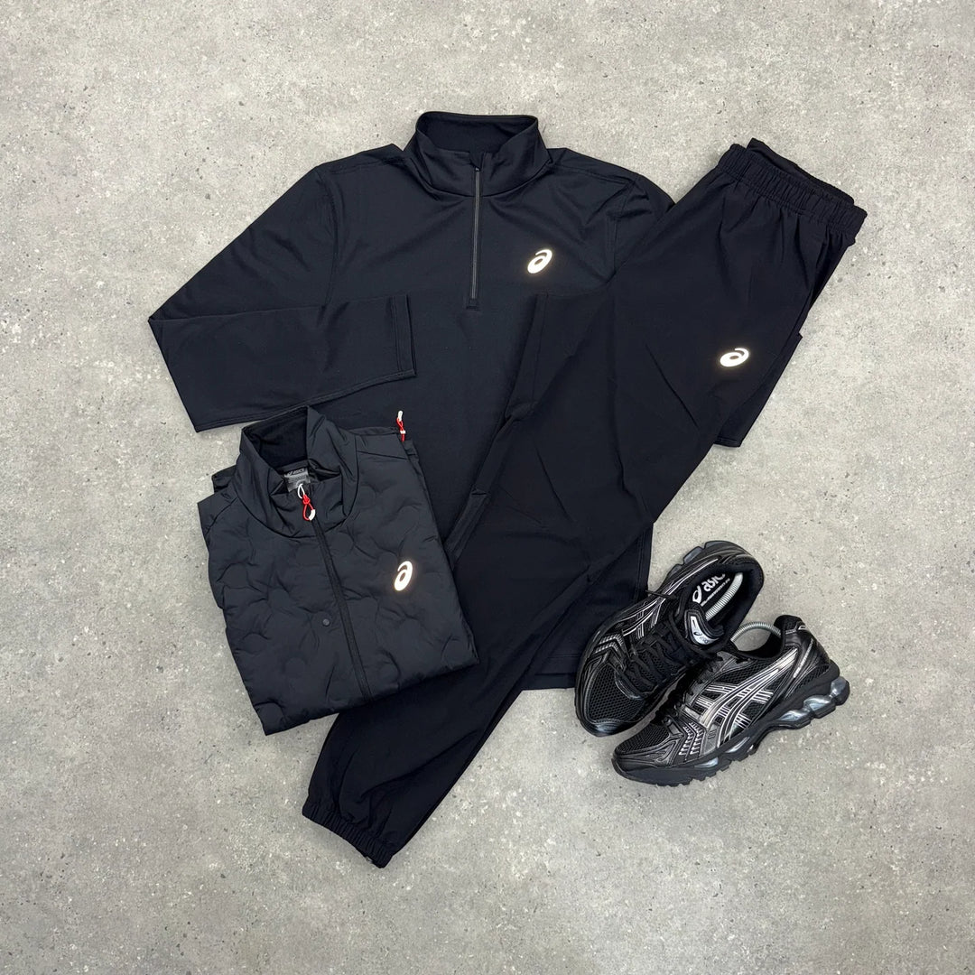 ASICS ROAD WINTER GILET, 1/4 ZIP TOP & CORE WOVEN PANT 3 PIECE SET - BLACK