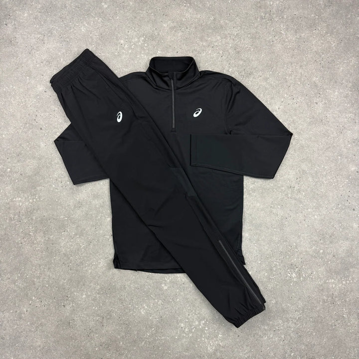 ASICS PERFORMANCE 1/4 ZIP TOP & CORE WOVEN PANT SET - BLACK